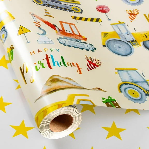 Construction Wrapping Paper Roll, Colorful Excavator,Tractor with HAPPY BIRTHDAY & Star Reversible Gift Wrap for Kids Birthday, Baby Boy Shower, Party, Celebration - Mini Roll(17 IN x 32.8 FT)