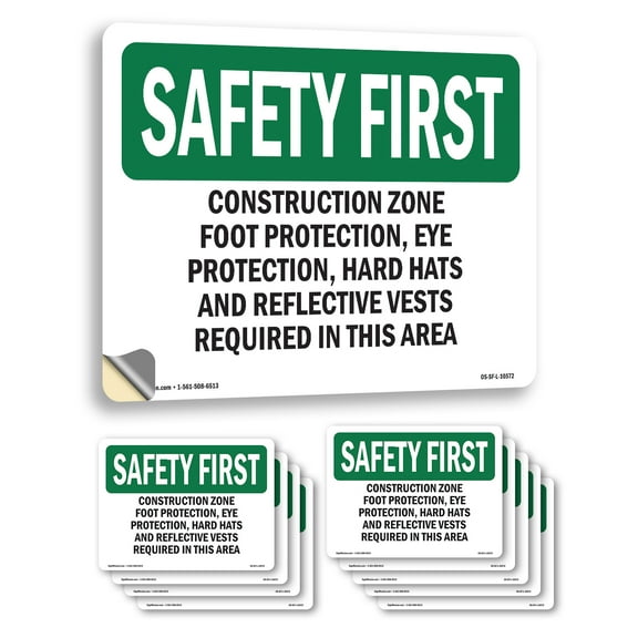 Construction Zone Foot Protection Eye Protection OSHA SAFETY FIRST Vinyl Decal Label 14 Inch x 10 Inch - 10 Pack
