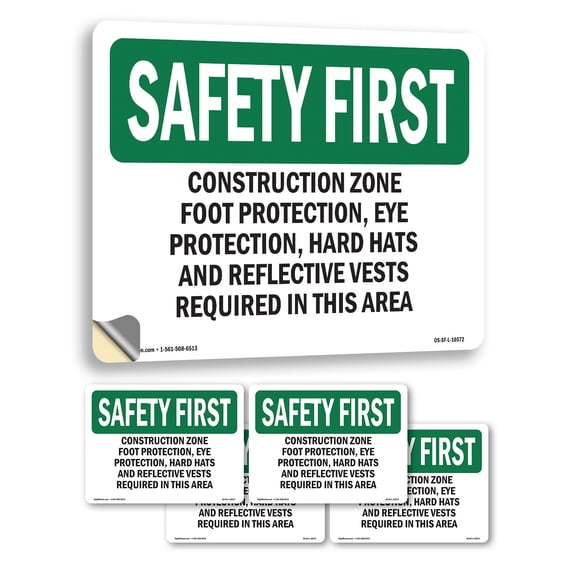 Construction Zone Foot Protection Eye Protection OSHA SAFETY FIRST Vinyl Decal Label 5 Inch x 3.5 Inch - 5 Pack