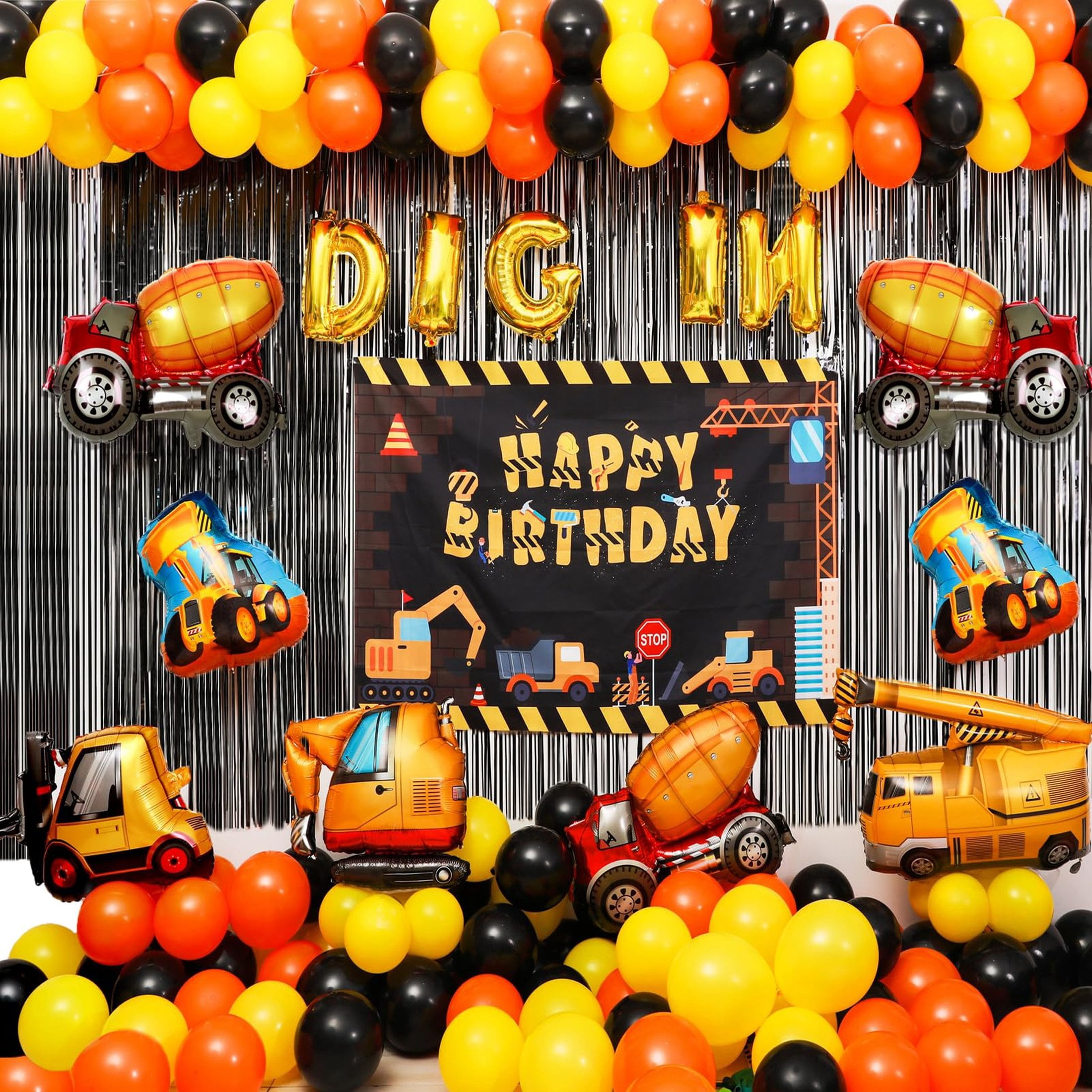 Construction Theme Happy Birthday Banner - Pre-Assembled With Dump Truck, Excavator & Crane Decorations