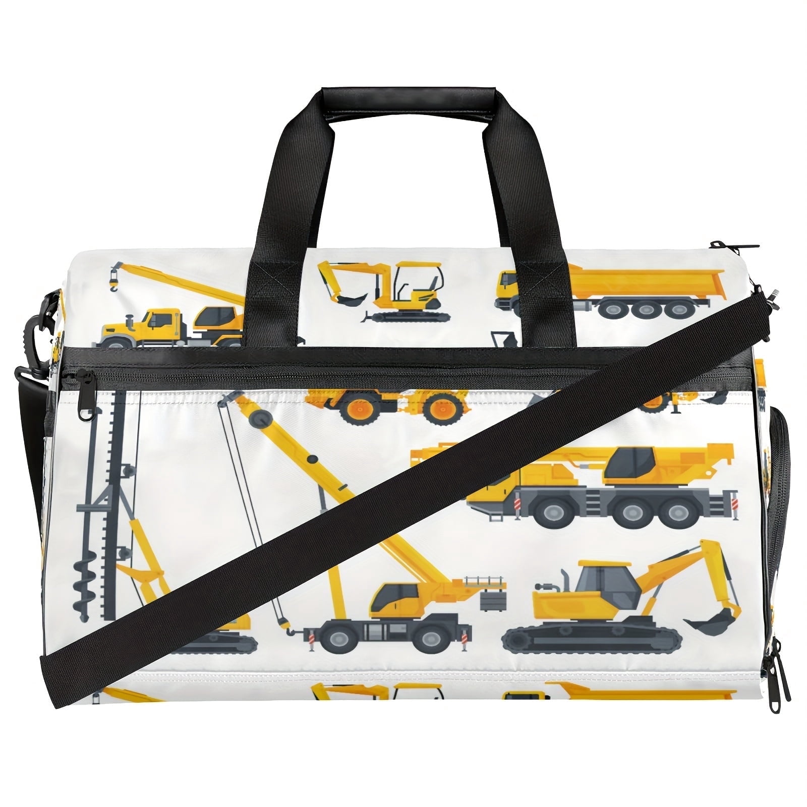 Construction vehicle pattern excavator theme fitness bag, large capacity sports training bag with independent shoe compartment, handbag