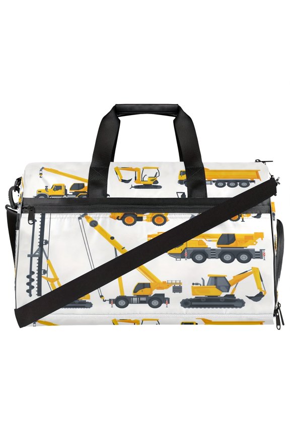 Construction vehicle pattern excavator theme fitness bag, large capacity sports training bag with independent shoe compartment, handbag