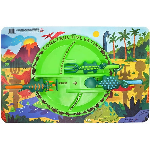 Constructive Eating Made in USA Dinosaur Combo Set of 3 Utensils, Plate & Placemat for Toddlers, Infants, Babies and Kids - Made With Materials Tested for Safety
