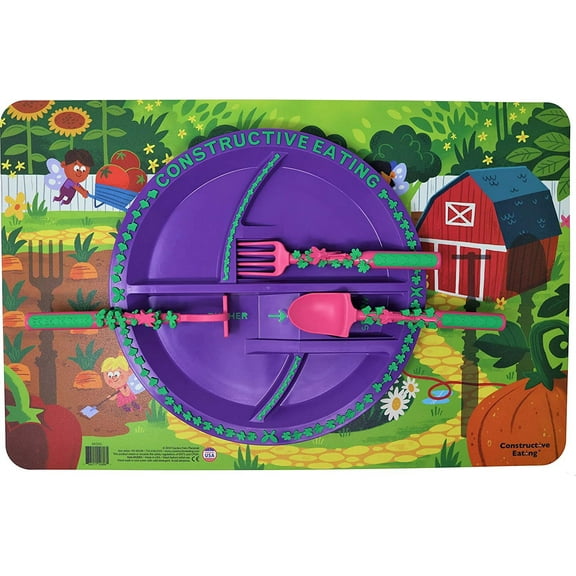 Constructive Eating Made in USA Garden Fairy Combo Set of 3 Utensils, Plate & Placemat for Toddlers, Infants, Babies and Kids - Made With Materials Tested for Safety