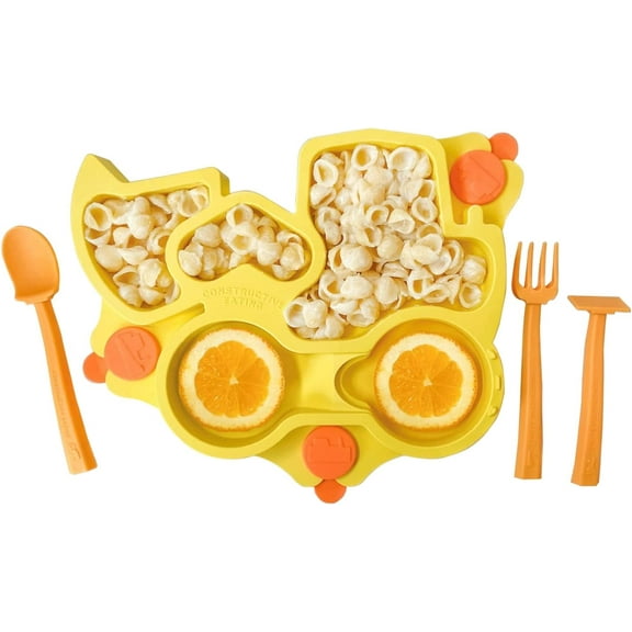 Constructive Eating Made in USA Truck Training Plate and Utensils Set for Babies - Yellow