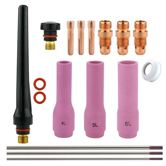 Consumables Kit for 17-18-26 Series TIG Torches with Stubby Set-Up - Long Nozzle - Sizes: 1/16", 3/32" and 1/8" with Tungstens (Model: AK-4-STUBL-T)