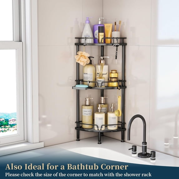 LEFEE 3 Tier Corner Shower Caddy Stand - Shower Organizer with Soap Holder, Standing Tall Floor Shower Stand with Adjustable Feet & 4 Hooks, Shower Shelf Rack Storage for Bathroom Black