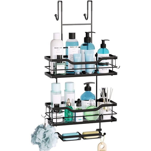 Consumest 3-Tier Hanging Shower Caddy Over the Door, Large Capacity Hanging Shower Organizer With Double Soap Holder & 8 Hooks Stainless Steel No Drilling Over Door Shower Shelf for Bathroom, Black