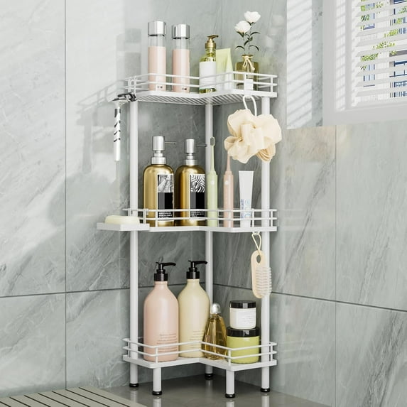 Corner Shower Caddy Standing - 3-Tier Stainless Steel Shower Organizer with Soap Holder and 4 Hooks, Large Capacity Corner Shelf Stand for Bathroom, Rest Room, White