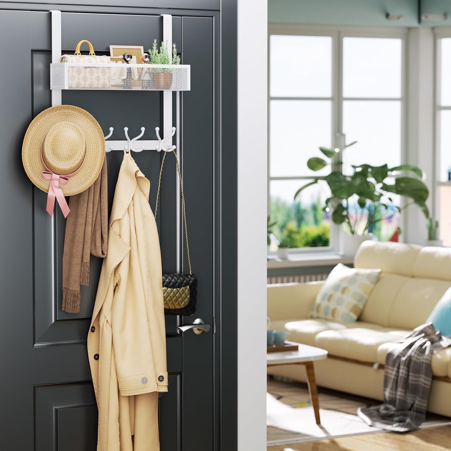 LEFEE Over The Door Hooks Organizer, Over Door Coat Rack, Back of Door Storage Organizer for Bedroom, Bathroom, Kitchen, Office - Over Door Hanger Towel Rack with Mesh Basket & 16 Hooks, White
