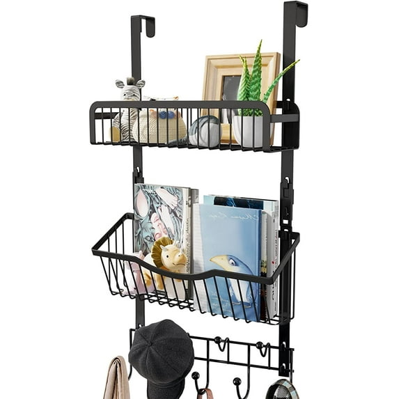 Consumest Over-the-Door Hanging Organizer with 9 Hooks & 2 Baskets, Black