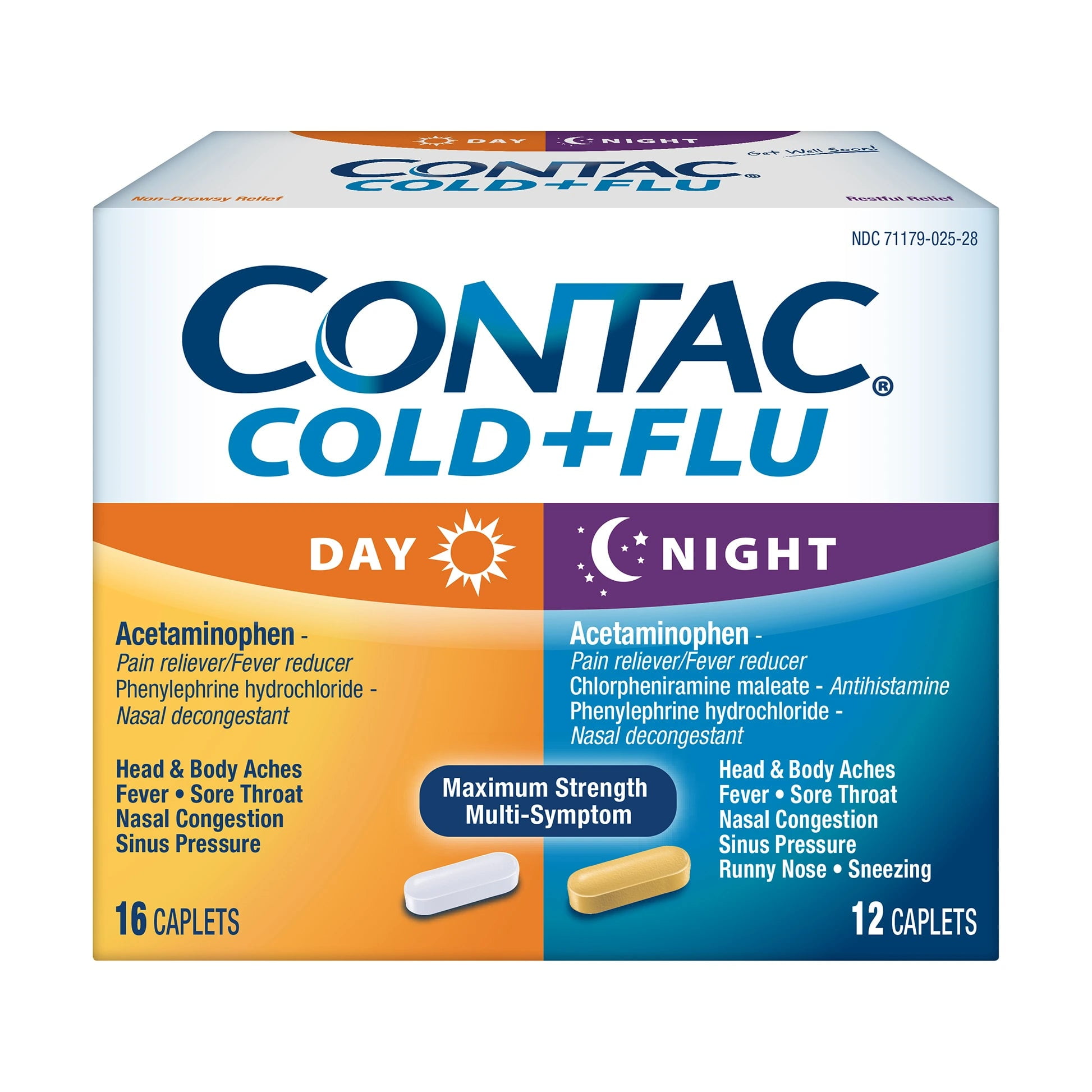 Contac Day & Night Cold & Flu Medicine, Maximum Strength Relief, 28 Caplets