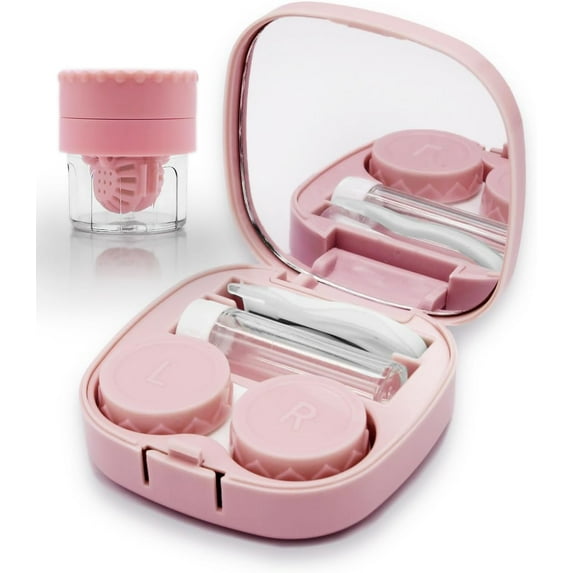 Contact Lens Case with Cleaner Washer, Travel Size Cute Colored Contact Lenses Applicator Removal Tool Kit with Mirror Solution Bottle for Daily Outdoor (Pink)