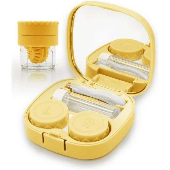 Contact Lens Case with Cleaner Washer, Travel Size Cute Colored Contact Lenses Applicator Removal Tool Kit with Mirror Solution Bottle for Daily Outdoor (Yellow)