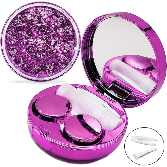 Contact Lens Case, Cute Travel Size Eye Colored Contacts Lenses Applicator Remover Tool Kit with Mirror Solution Bottle for Daily Outdoor (Purple)