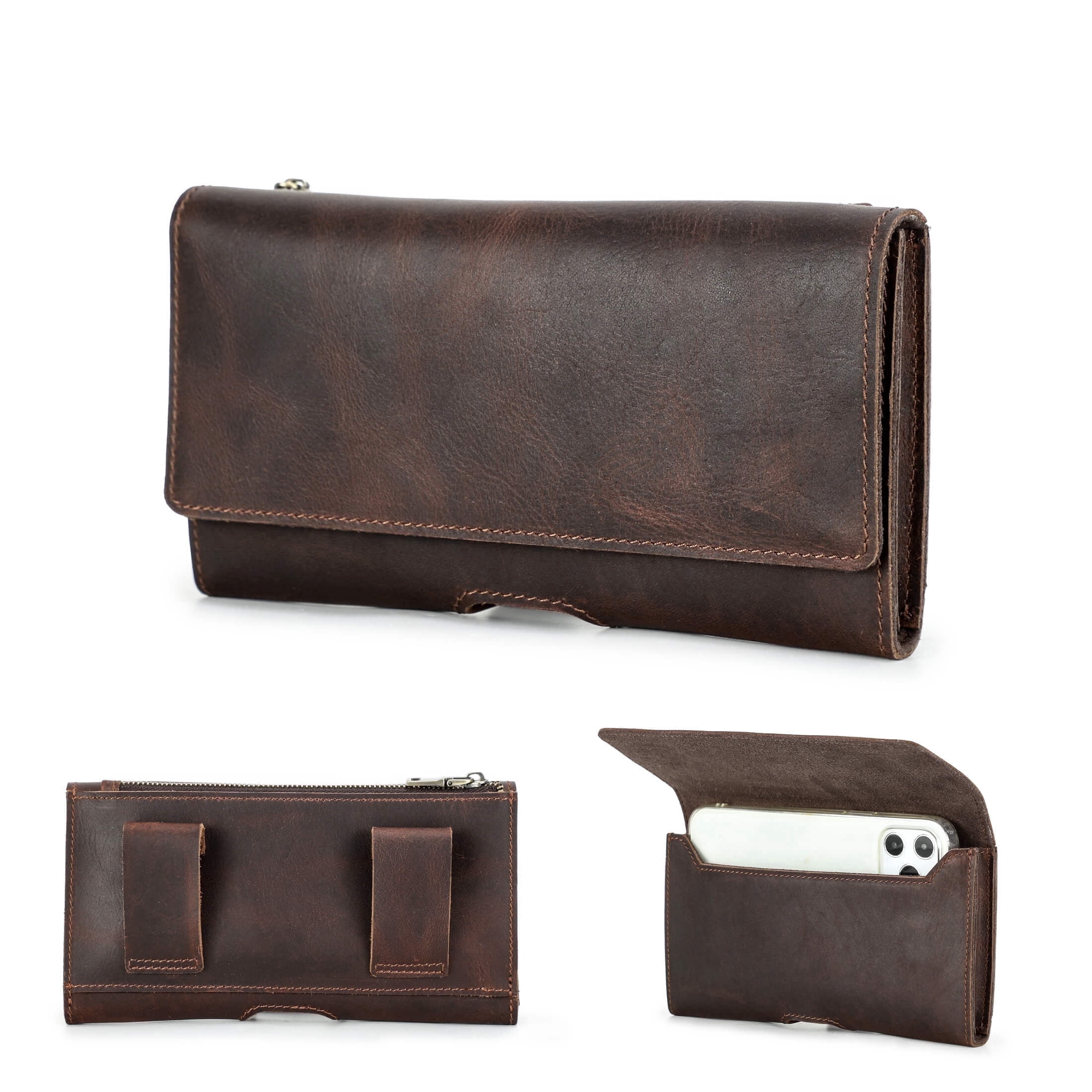 Contact's Leather Waist Case With Belt Clip for 6.7'' Phone , Travel Small Waist Belt Pouch ,Phone Pocket Card Holder, Valentine Gift, Coffee