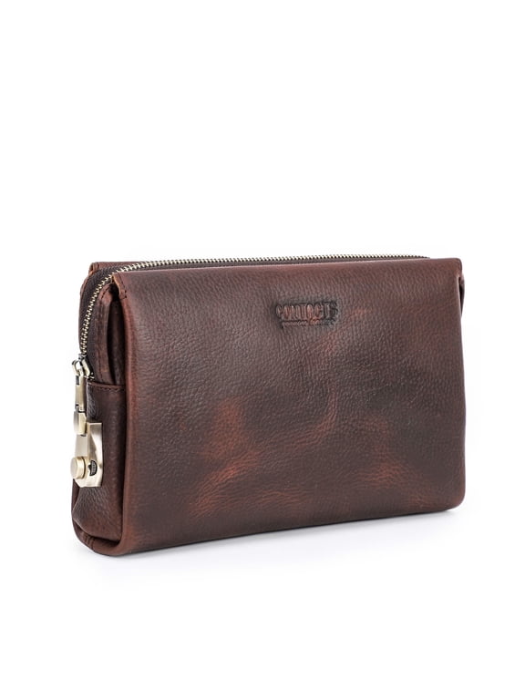 Men Clutch Bag with Lock Leather Travel Wristlet Clutch Wallet for Men, Coffee