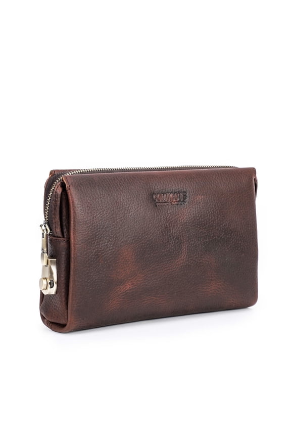 Mens Clutch Purse Bag with Lock , Full Grain Leather Travel Wristlet Clutch Wallet for Men, Valentine Gift, Coffee