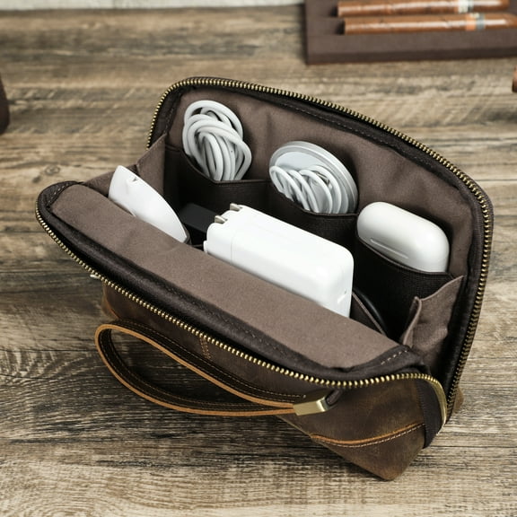 Contact's Crazy Horse Leather Travel Electronic Organizer Cables Chargers Accessories Storage Case Holder Clutch Bag