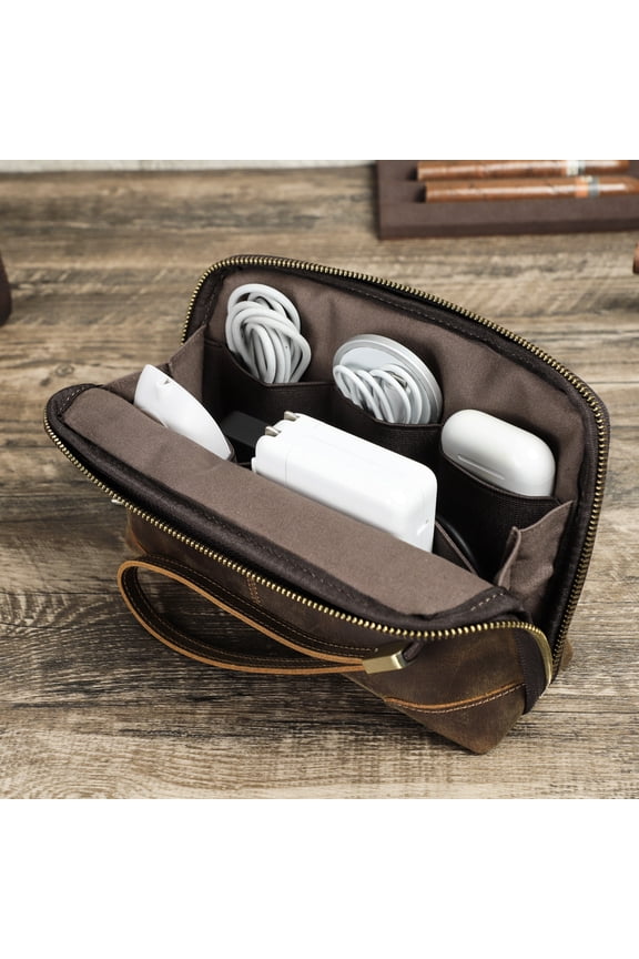 Crazy Horse Leather Travel Electronic Organizer Cables Chargers Accessories Storage Case Holder Clutch Bag