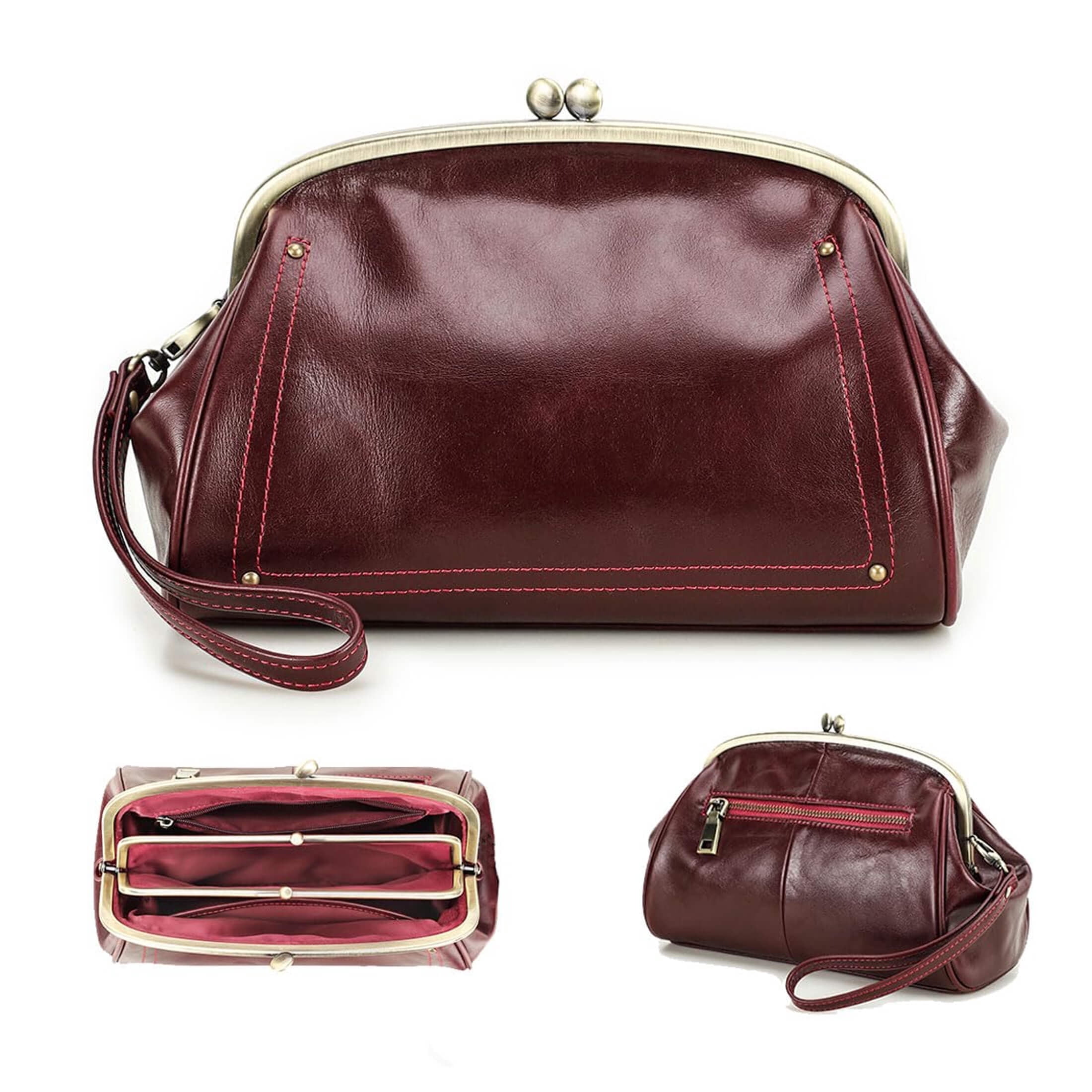 Contact's Dual Kiss Lock Clutch Bag for Women Leather Evening Bag Large Clutch Purse Vintage Handbag Phone Organizer (Wine Red)