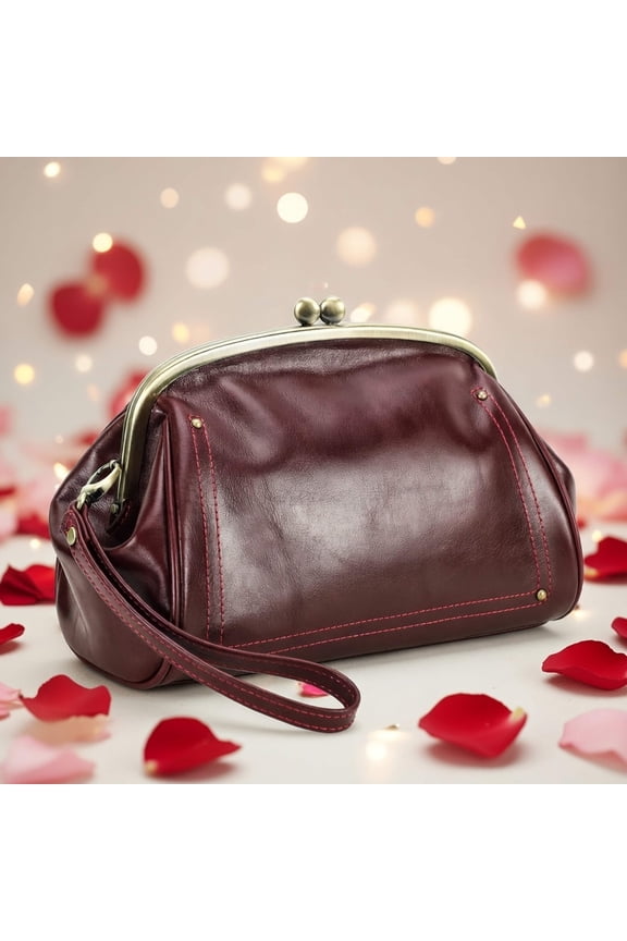 Genuine Leather Handbag for Women with Wrist Strap, Kiss Lock Clutch Purse for Women (Wine Red)