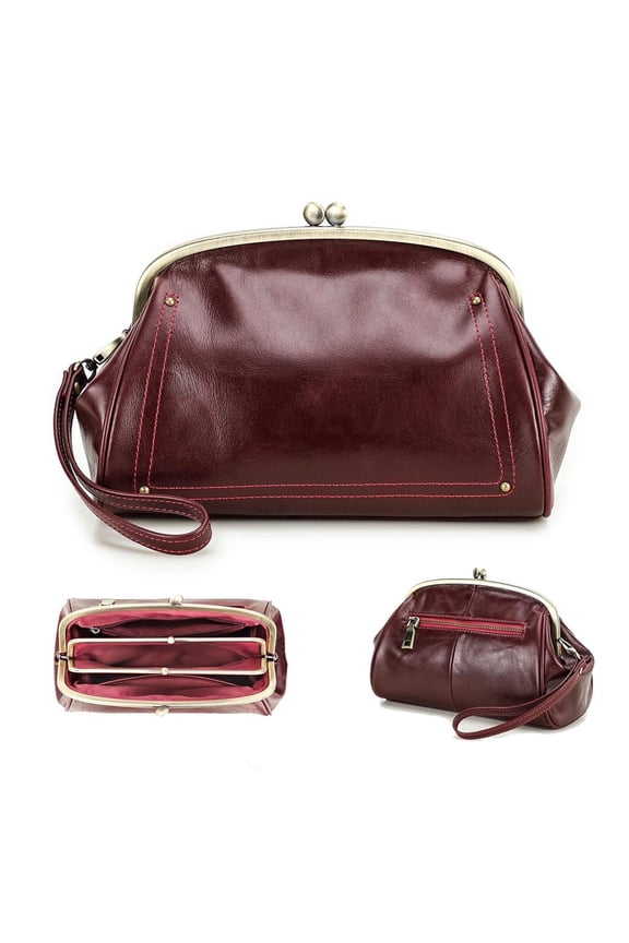 Genuine Leather Handbag for Women with Wrist Strap, Kiss Lock Clutch Purse for Women ,Valentine Gift(Wine Red)