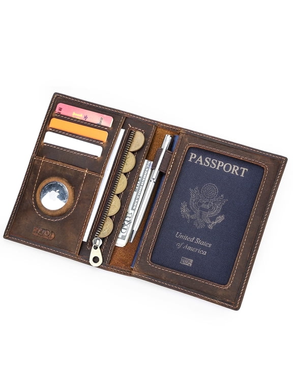 Full Grain Leather Passport Card Holders for Trave Rfid , Air Tag Passport Wallet Holder (Dark Brown)
