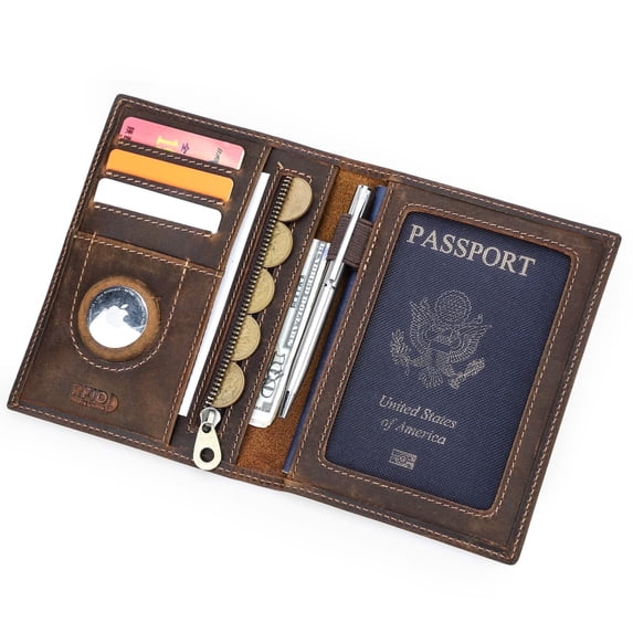 Contact's Full Grain Leather Passport Card Holders for Trave Rfid , Air Tag Passport Wallet Holder (Dark Brown)