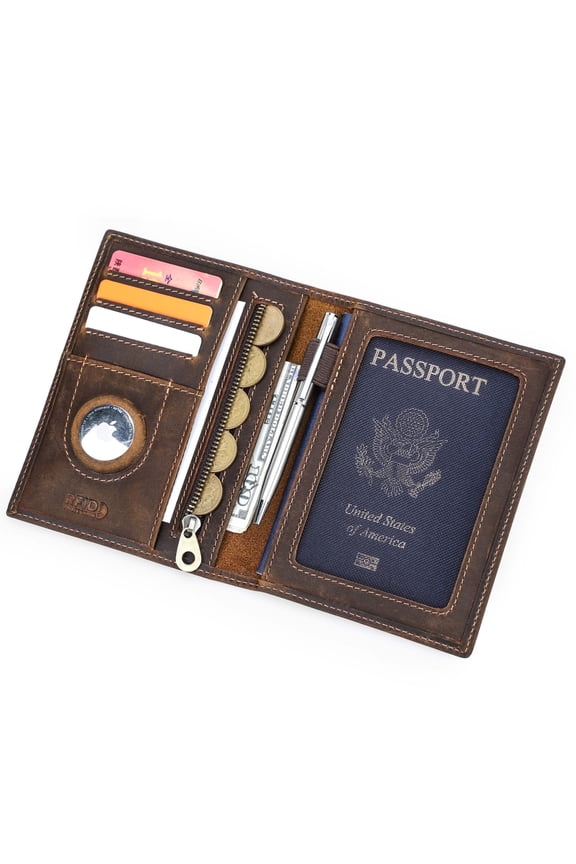 Full Grain Leather Passport Card Holders for Trave Rfid , Air Tag Passport Wallet Holder (Dark Brown)