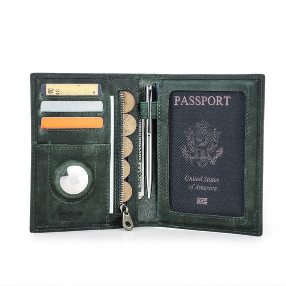 Contact's Full Grain Leather Passport Card Holders for Trave Rfid , Air Tag Passport Wallet Holder (Green)
