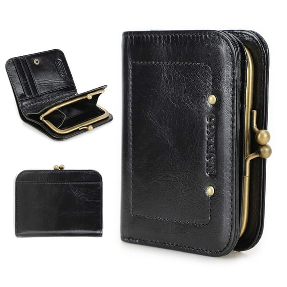 Contact's Full Grain Leather Kiss Lock Wallet for Women Kiss Clasp Coin Purse Slim Vintage Bifold Card Holder Small RFID Wallet (Black)