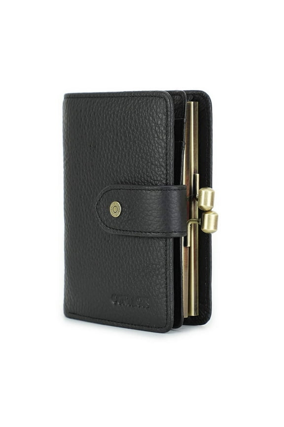 Full Grain Leather Kiss Lock Wallet for Women Kiss Clasp Coin Purse Small Bifold Card Holder with Rfid Blocking (Black)