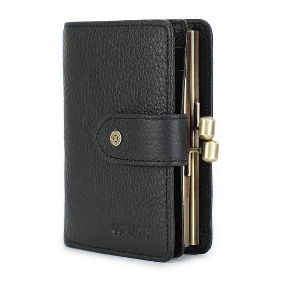 Contact's Full Grain Leather Kiss Lock Wallet for Women Small Bifold Card Holder with Rfid Blocking Coin Purse (Black)