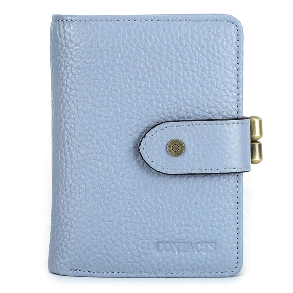Contact's Small Wallet for Women Genuine Leather Bifold Purse RFID Blocking Card Holder Kiss Lock (Blue)