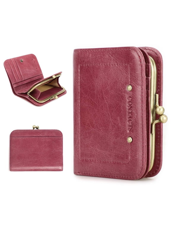 Full Grain Leather Kiss Lock Wallet for Women Kiss Clasp Coin Purse Vintage Bifold Card Holder Cute Small RFID Wallet (Pink)