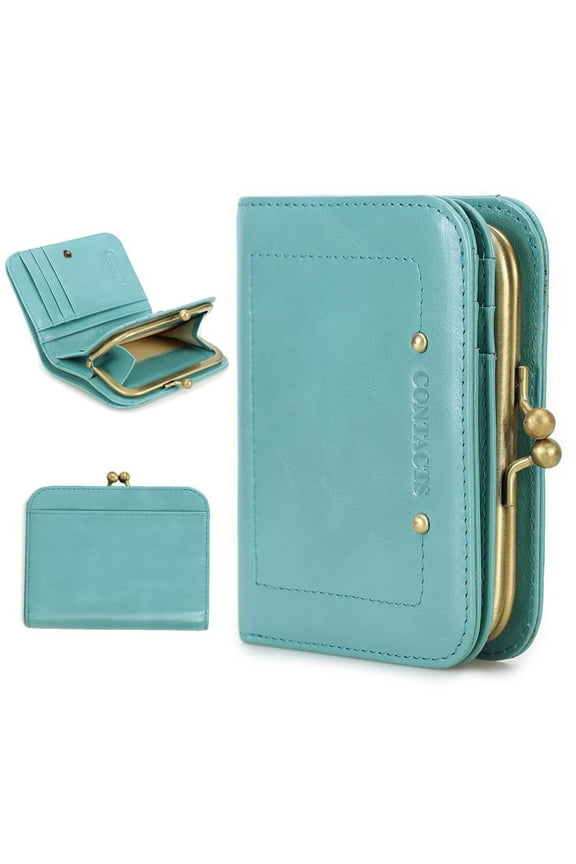 Full Grain Leather Kiss Lock Wallet for Women Slim Kiss Clasp Coin Purse Vintage Bifold Card Holder Small RFID Wallet (Blue)