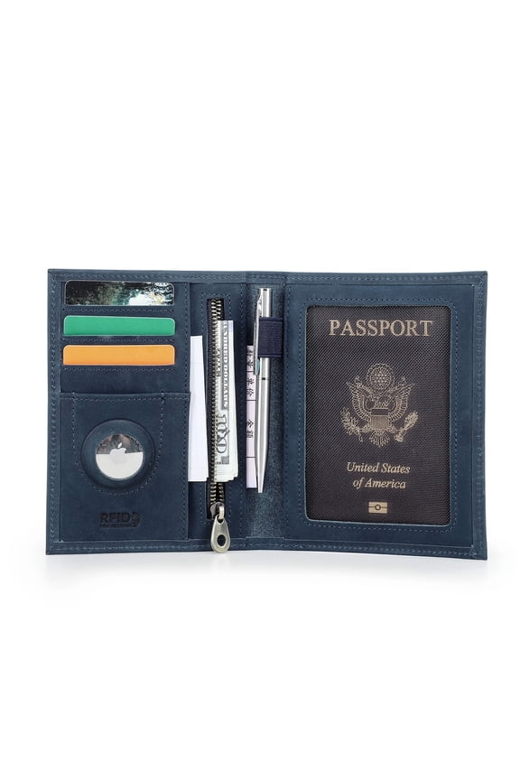Full Grain Leather Passport Card Holders for Trave Rfid , Air Tag Passport Wallet Holder (Blue)