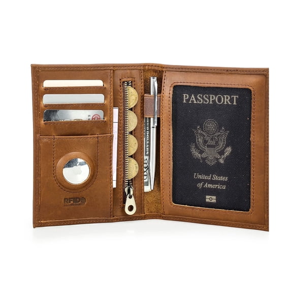 Contact's Full Grain Leather Passport Card Holders for Trave Rfid , Air Tag Passport Wallet Holder (Light Brown)