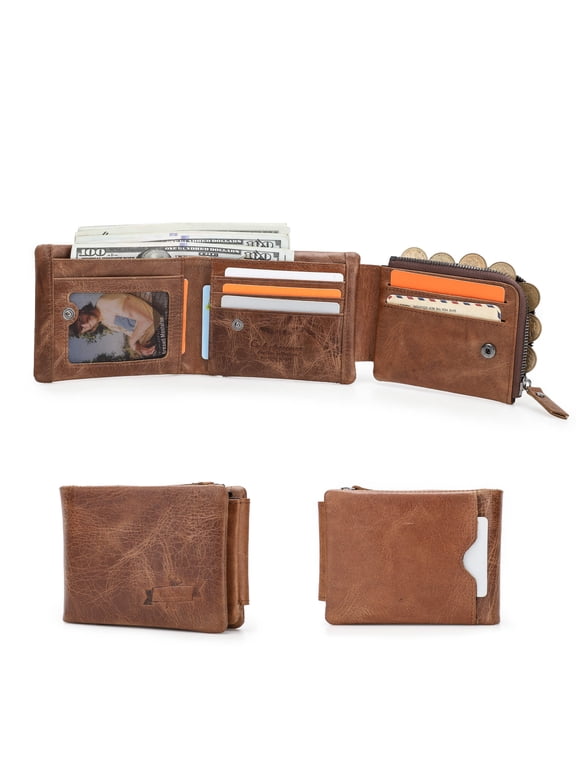Full Grain Leather Men's Trifold Wallet, Vintage Wallet with Zipper Coin Pocket , Gift for Men, Brown