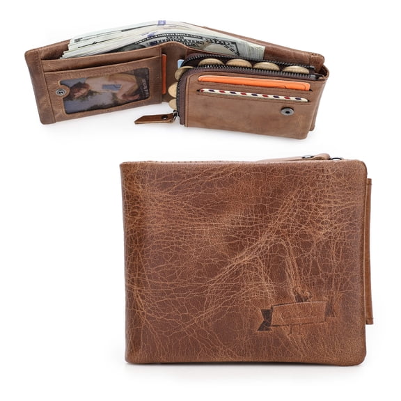 Contact's Men's Trifold Wallet, Genuine Leather Vintage Wallet with Zipper Coin Pocket ,Valentine Gift, Brown
