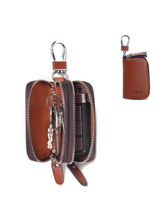 Genuine Leather Car Key Keychain Holder Metal Hook and Keyring Zipper