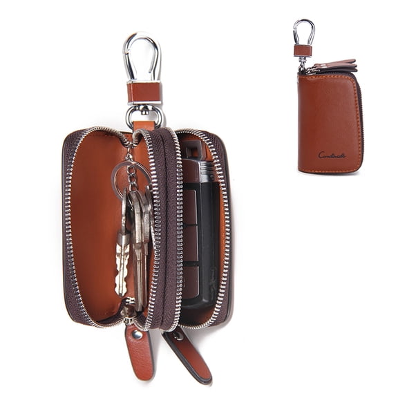 Contact's Genuine Leather Car Key Keychain Holder Metal Hook and Keyring Zipper