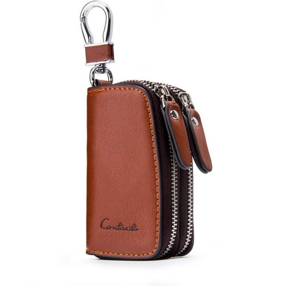 Contact's Genuine Leather Car Key Keychain Holder Metal Hook and Keyring Zipper