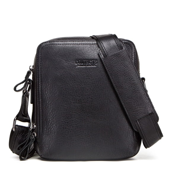 Contact's Genuine Leather Men's Messenger Bag Vintage Shoulder Bags for 7.9" Ipad Mini High Quality Male Crossbody Bag (Black)
