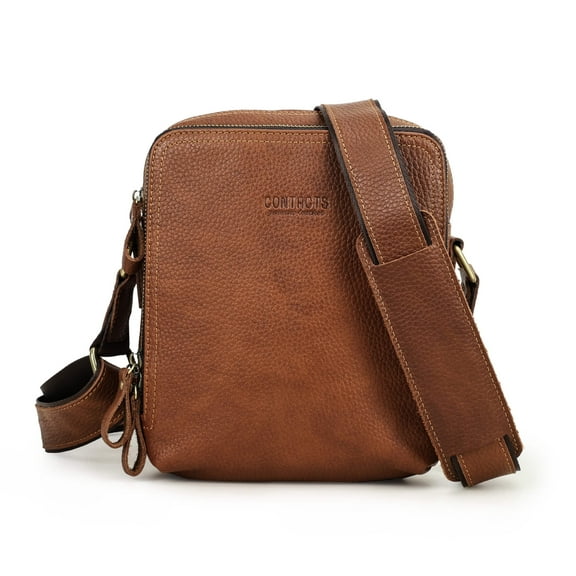 Contact's Genuine Leather Men's Messenger Bag Vintage Shoulder Bags for 7.9" Ipad Mini High Quality Male Crossbody Bag (Brown)