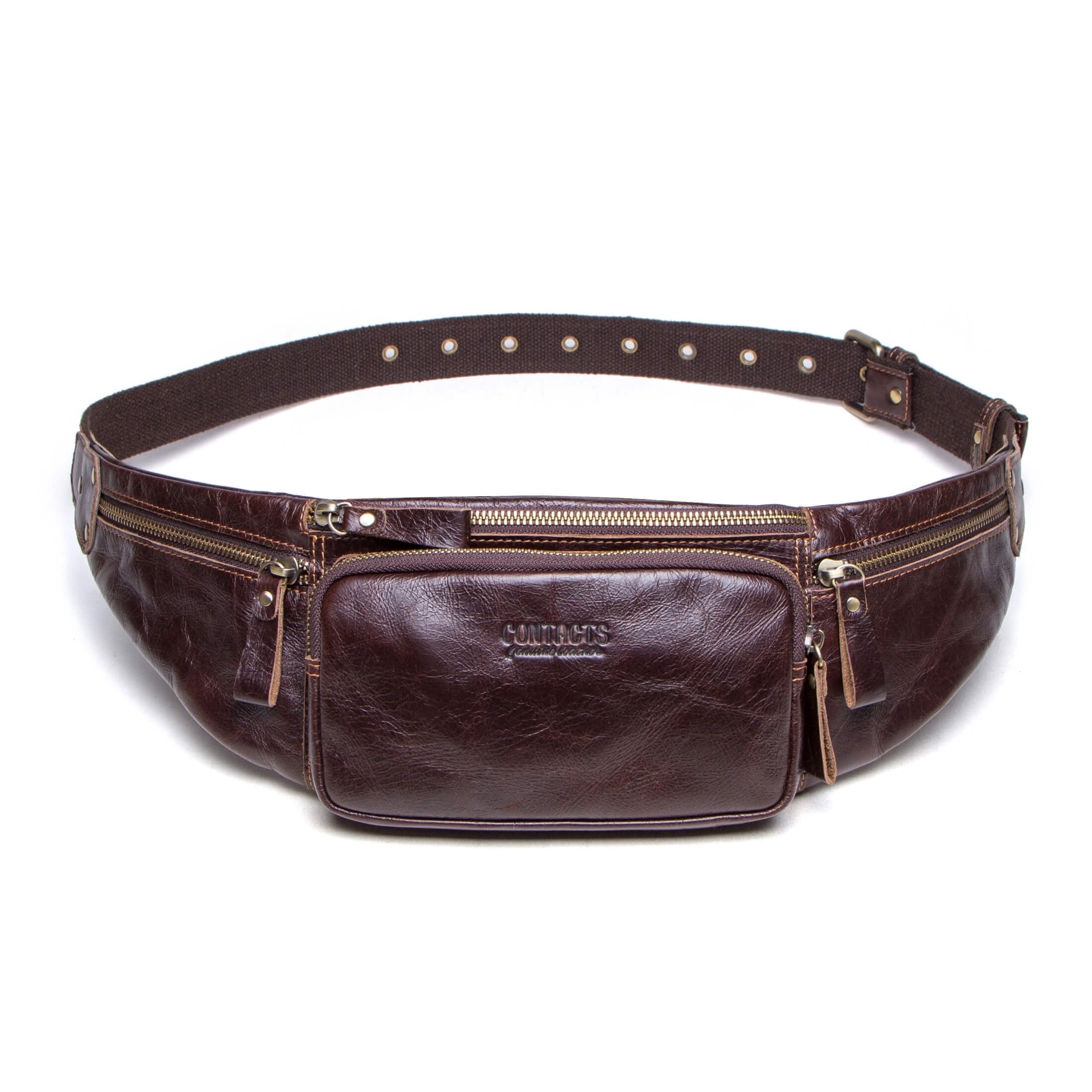 Contact's Genuine Leather Slim Waist Pack for Man & Woman, Vintage Design & 4 Zipper Pockets & Adjustable Strap, Handmade, Large Capacity Fanny Pack Crossbody Belt Bag for Travel or Ride, Coffee