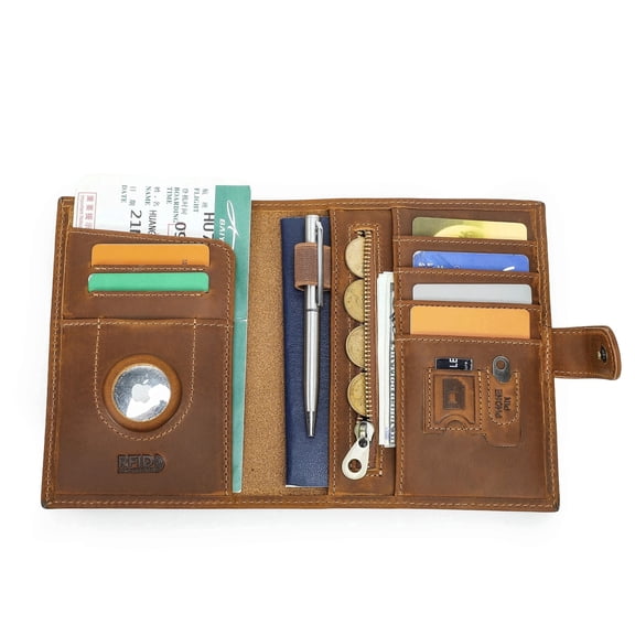 Contact's GenuineLeather Passport Holder with Airtag Slot RFID Blocking Passport Wallet Travel with SIM Card Removal Tool (Brown)