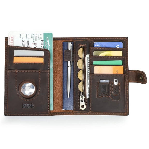Contact's GenuineLeather Passport Holder with Airtag Slot RFID Blocking Passport Wallet Travel with SIM Card Removal Tool (Coffee)