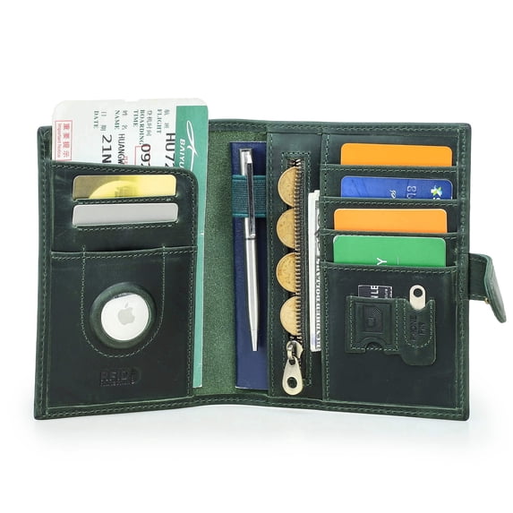 Contact's GenuineLeather Passport Holder with Airtag Slot RFID Blocking Passport Wallet Travel with SIM Card Removal Tool (Green)